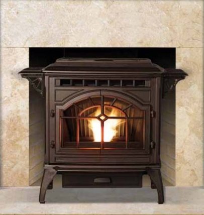 A cast iron gas stove with the flame visible through the door